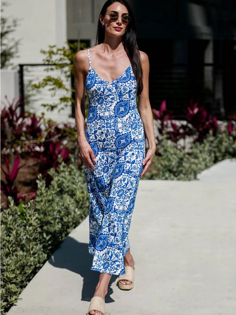 Blue & White Printed Spaghetti-Strap Maxi Dress